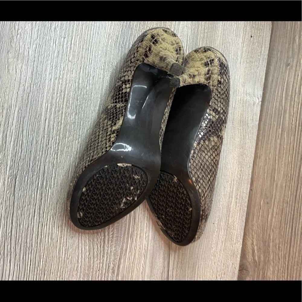 Leather peep toe heels Michael Kors leather snake platform pumps.